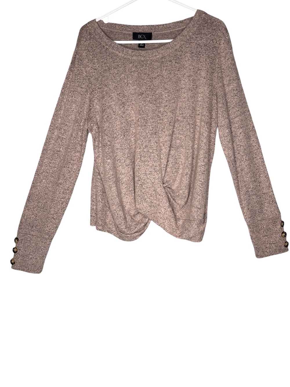 BCX Heathered Tan Brown Knit Top, Button Cuffs, XL